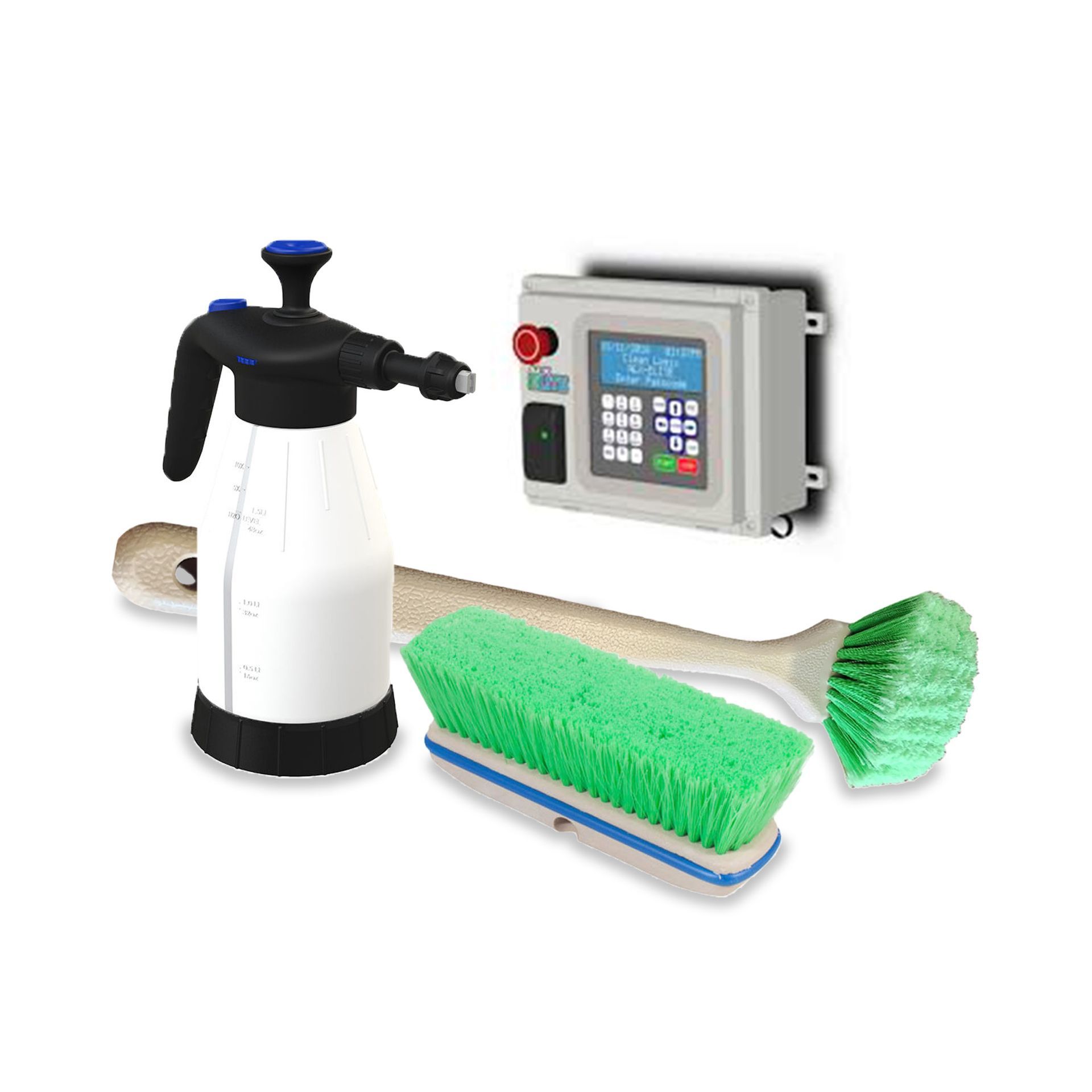 Spray bottle, control panel, and scrub brushes, likely for cleaning a specific surface.