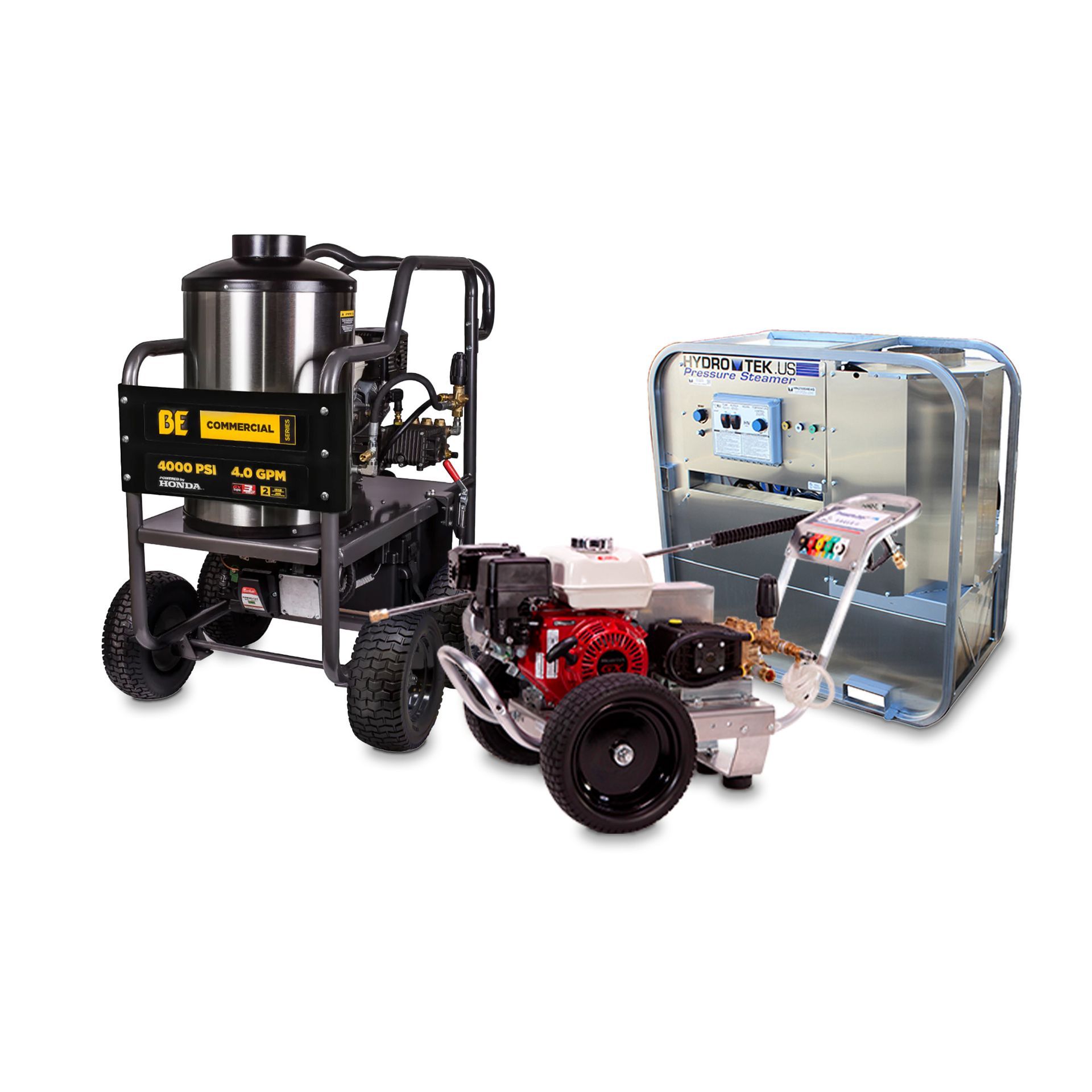 Two pressure washers: One hot water, black & yellow, and one cold water, red & silver.