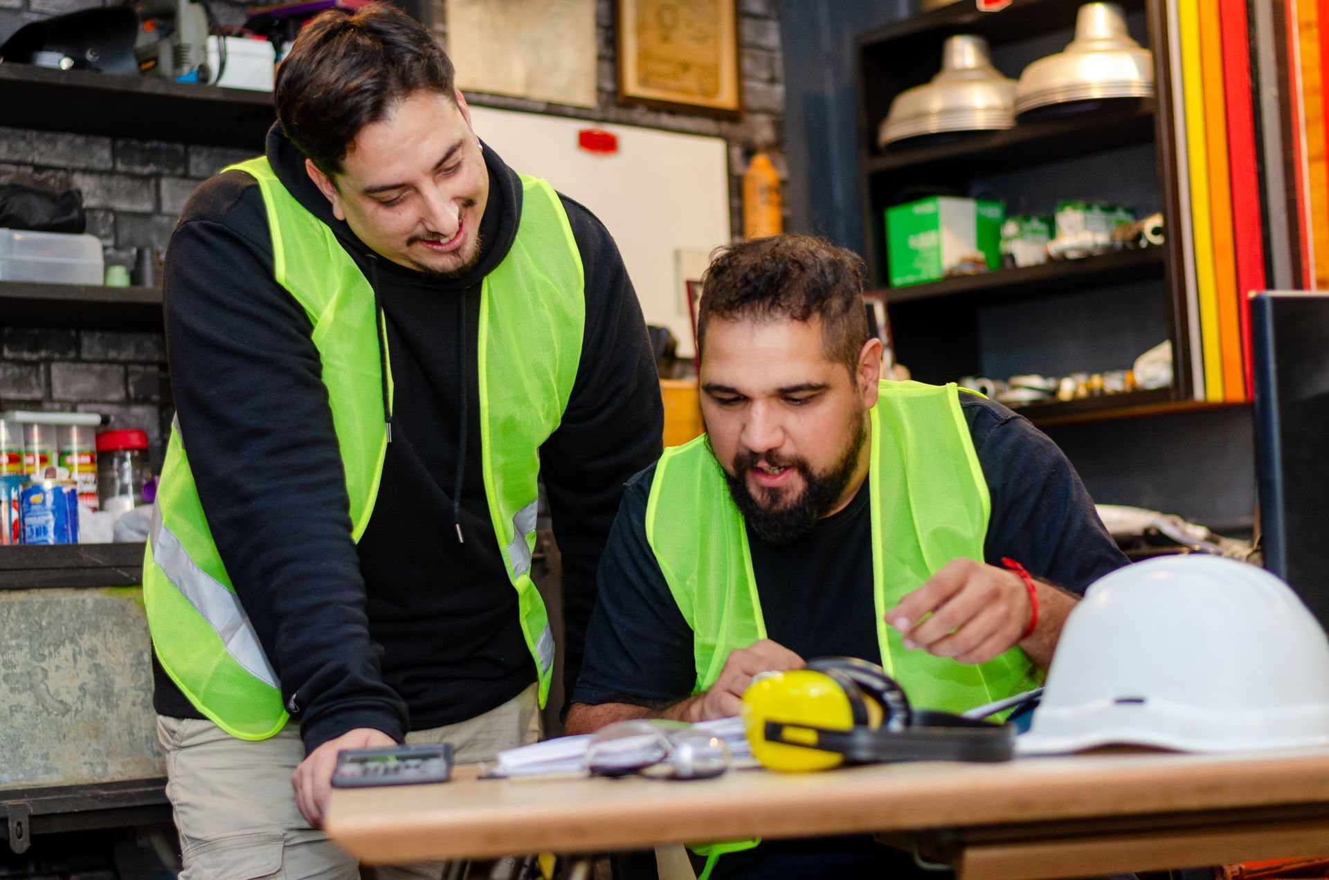 Two men in safety vests, working together at a desk, in an office setting.