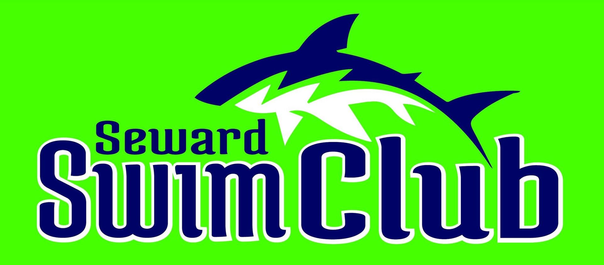 Green logo with a dark blue shark, the words