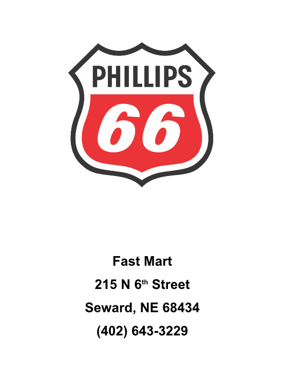 Phillips 66 logo above "Fast Mart" with address and phone number in Seward, NE.