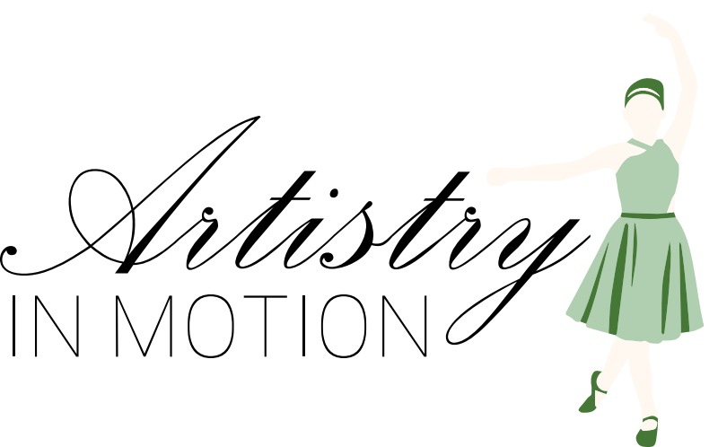"Artistry in Motion" logo with a dancing figure in a green dress and heels.