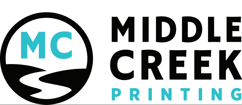 Logo for Middle Creek Printing, features a circle with the letters "MC" in teal and a black creek symbol. "MIDDLE CREEK" in black and "PRINTING" in teal.
