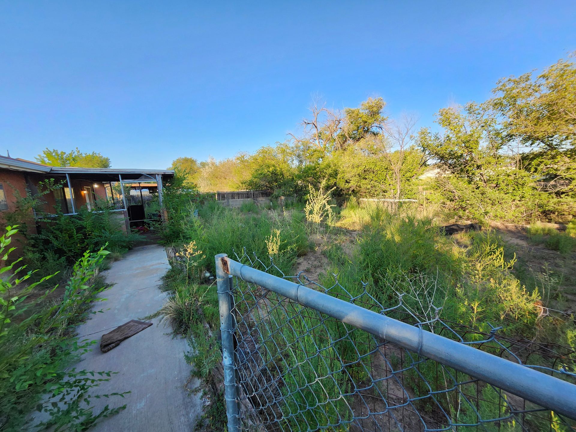A chain link fence surrounds a dirt path leading to a house.