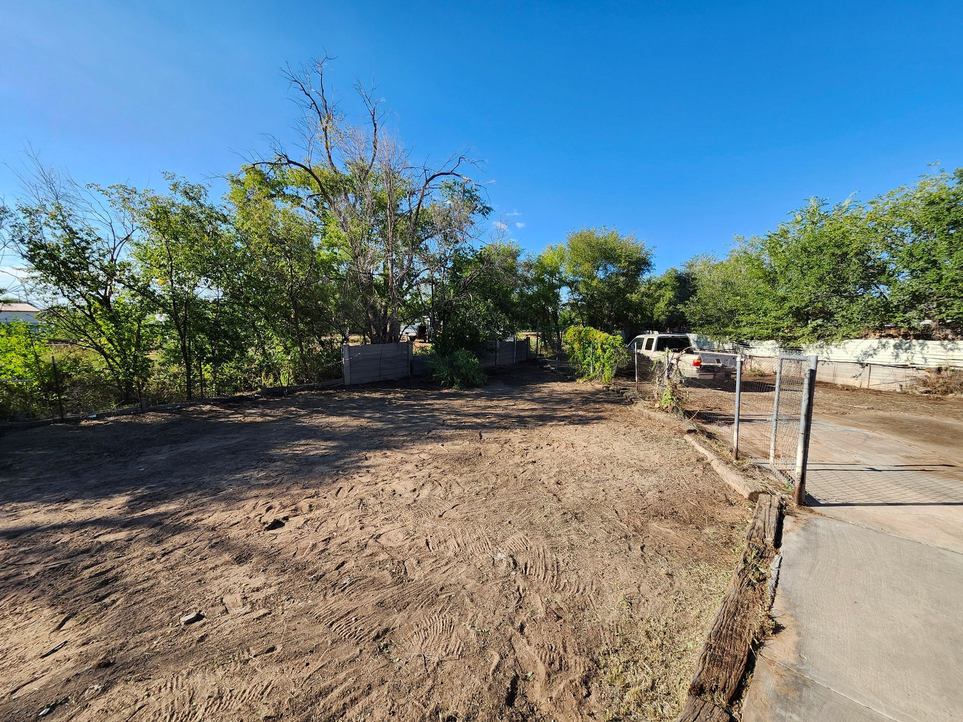 A dirt field with trees and a fence in the background.
