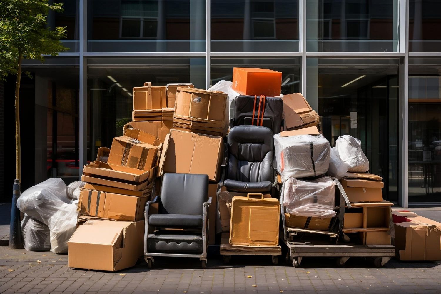 Pile of moving boxes and furniture on a sidewalk in front of a glass building.