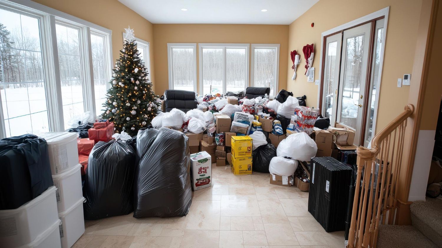 Sunroom filled with piles of items, trash bags, boxes, and a Christmas tree with a snowy outdoor view.