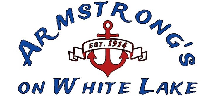 A logo for armstrong 's on white lake with an anchor