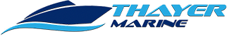 The logo for thayer marine shows a boat in the water.