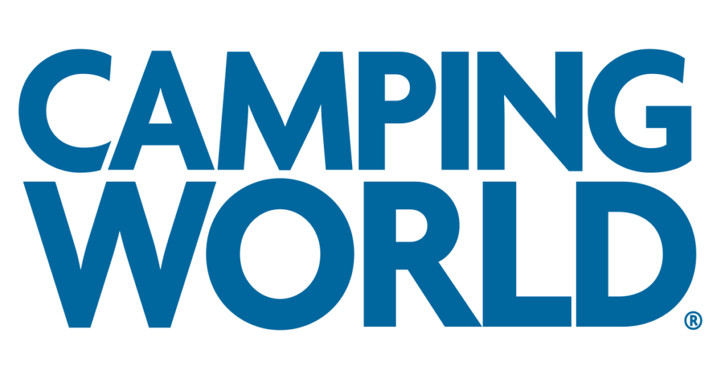 The logo for camping world is blue and white.