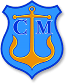 A blue shield with a yellow anchor and the letter c on it.