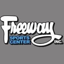 The logo for freeway sports center inc. is on a gray background.
