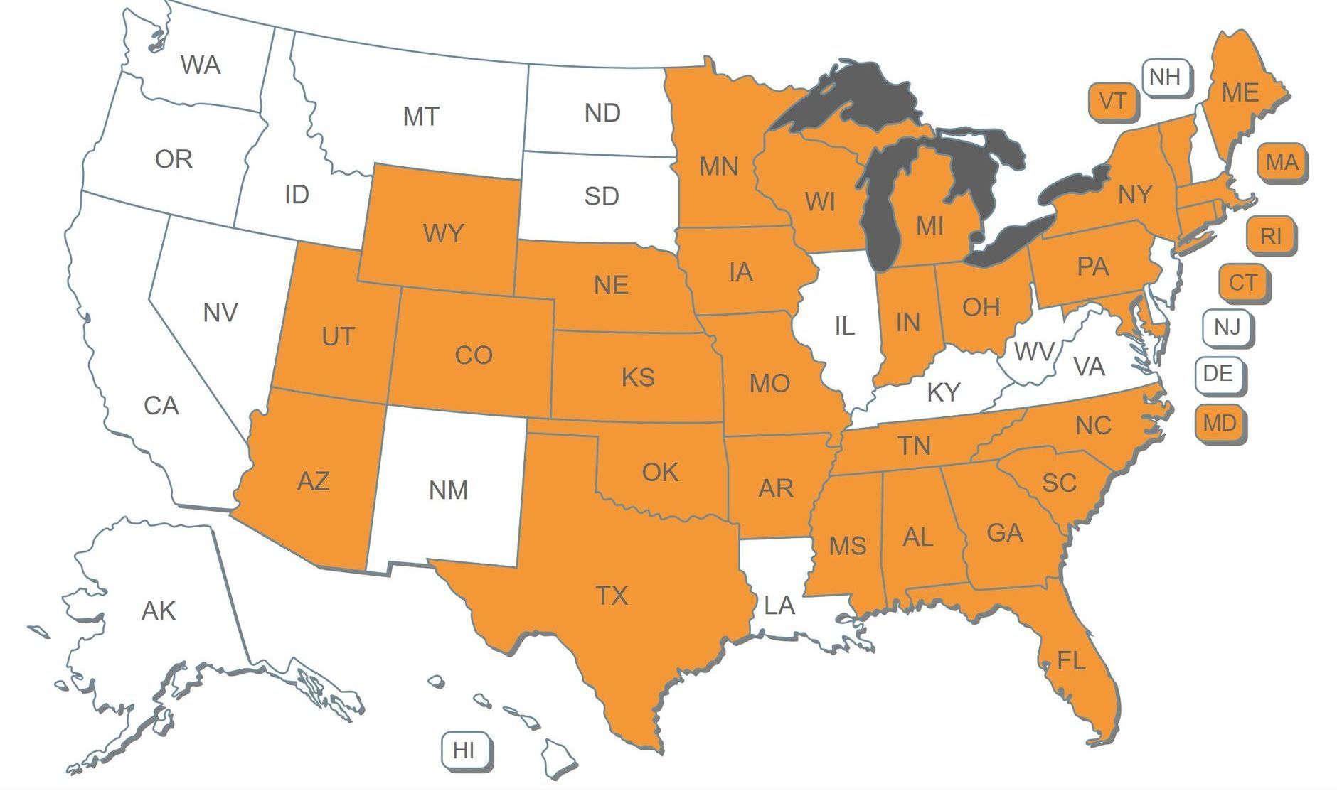 united states map with utility tax exempt states in orange