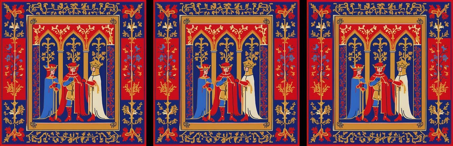 A banner of 3 repeating identical squares. Each square is of three medieval figures inset in a red and blue heraldic border.