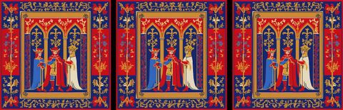 A banner of 3 repeating identical squares. Each square is of  three medieval figures inset in a red and blue heraldic border.