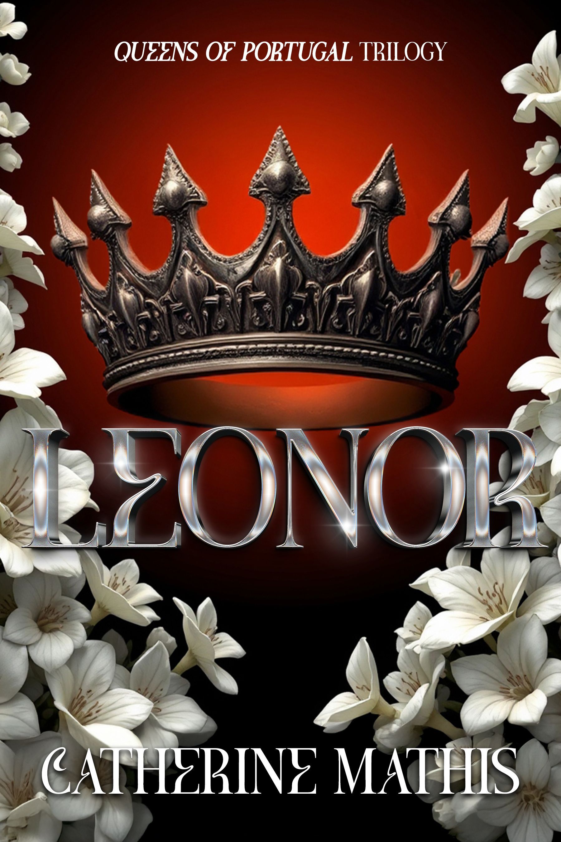 Book Cover for Lenor. Drawing of a medieval woman set on an orange and purple field with white flowered border.