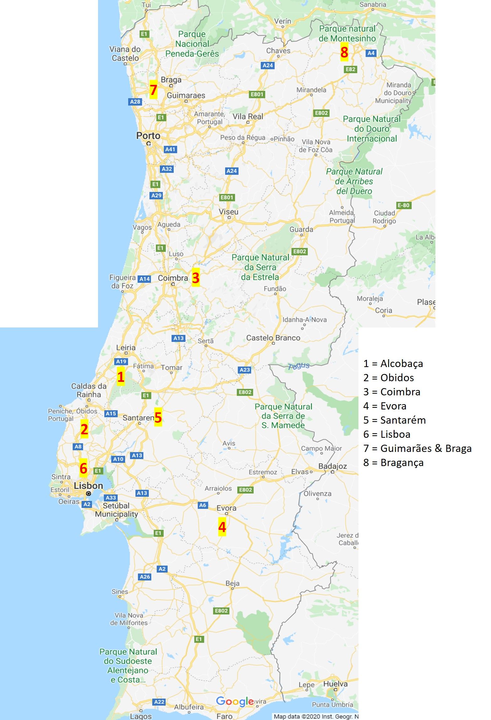 Map of Portugal with numbers corresponding to website pages about cities appearing in the novels. 