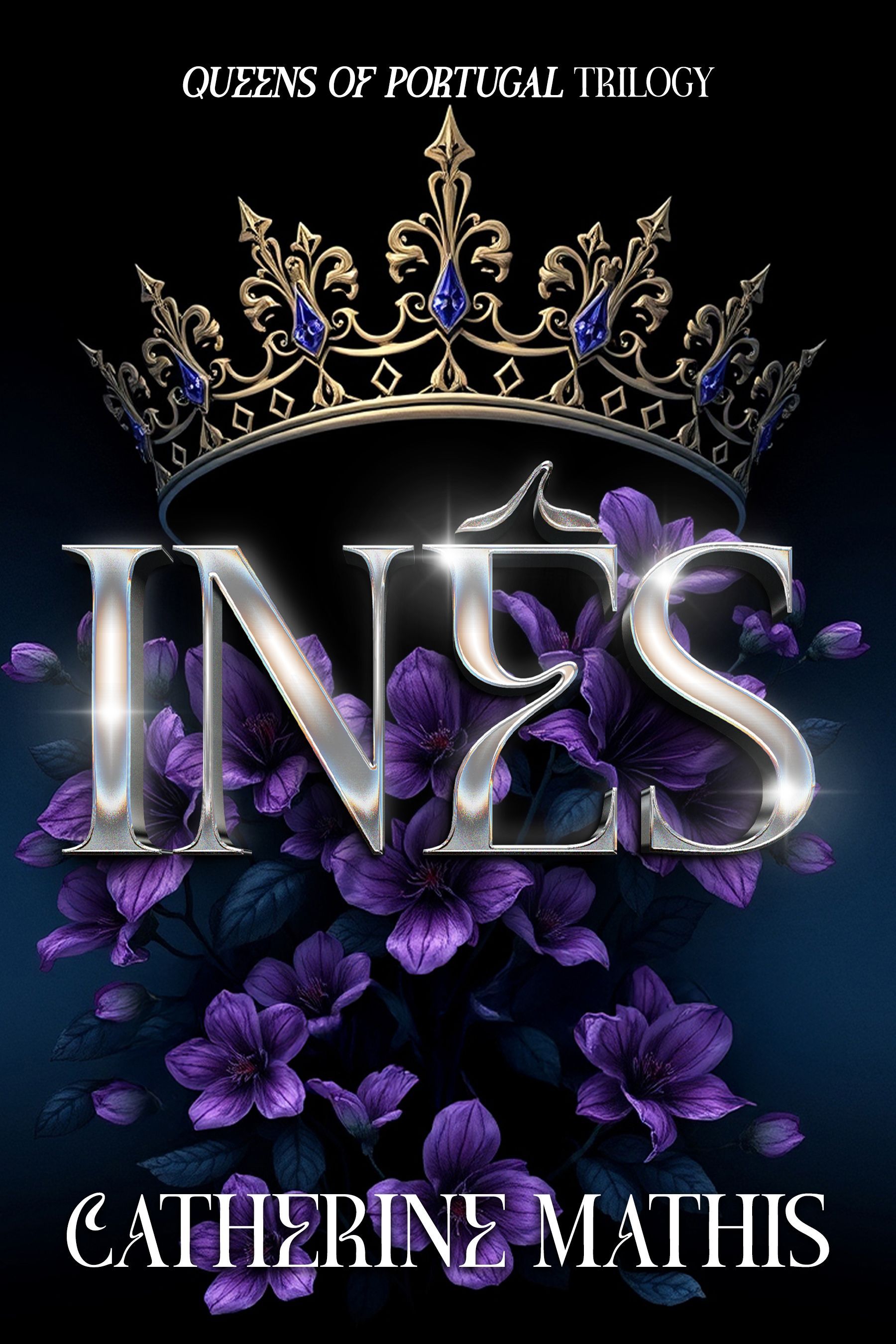 Cover of Ines. The title is silver sparkling letters set against purple flowers with a crown above.