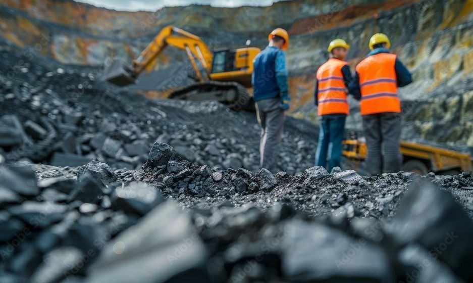 Three workers in safety vests and hard hats oversee an excavator in an open pit coal mine.
