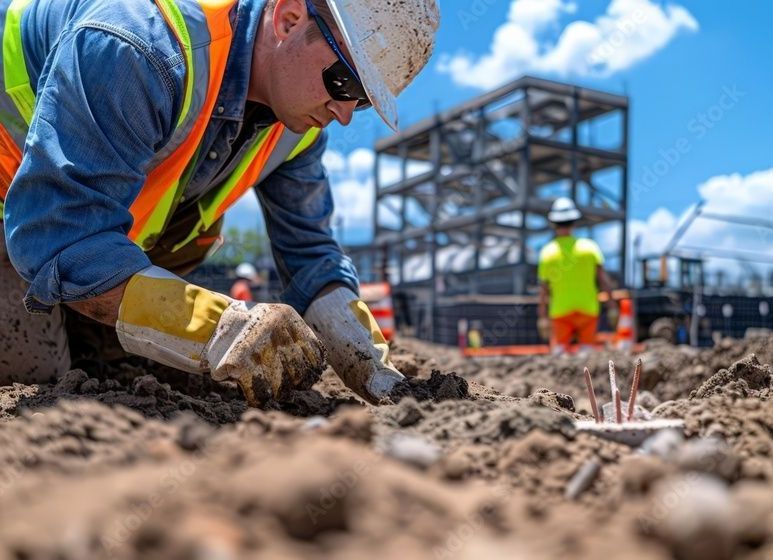 Construction worker kneels on dirt, inspecting ground with gloves, wearing vest and hard hat near building frame.