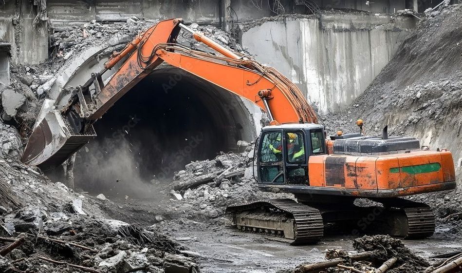 Orange excavator demolishing a concrete tunnel, dust rising.