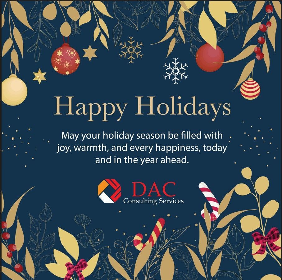 Holiday greeting from DAC Consulting Services with festive decorations.