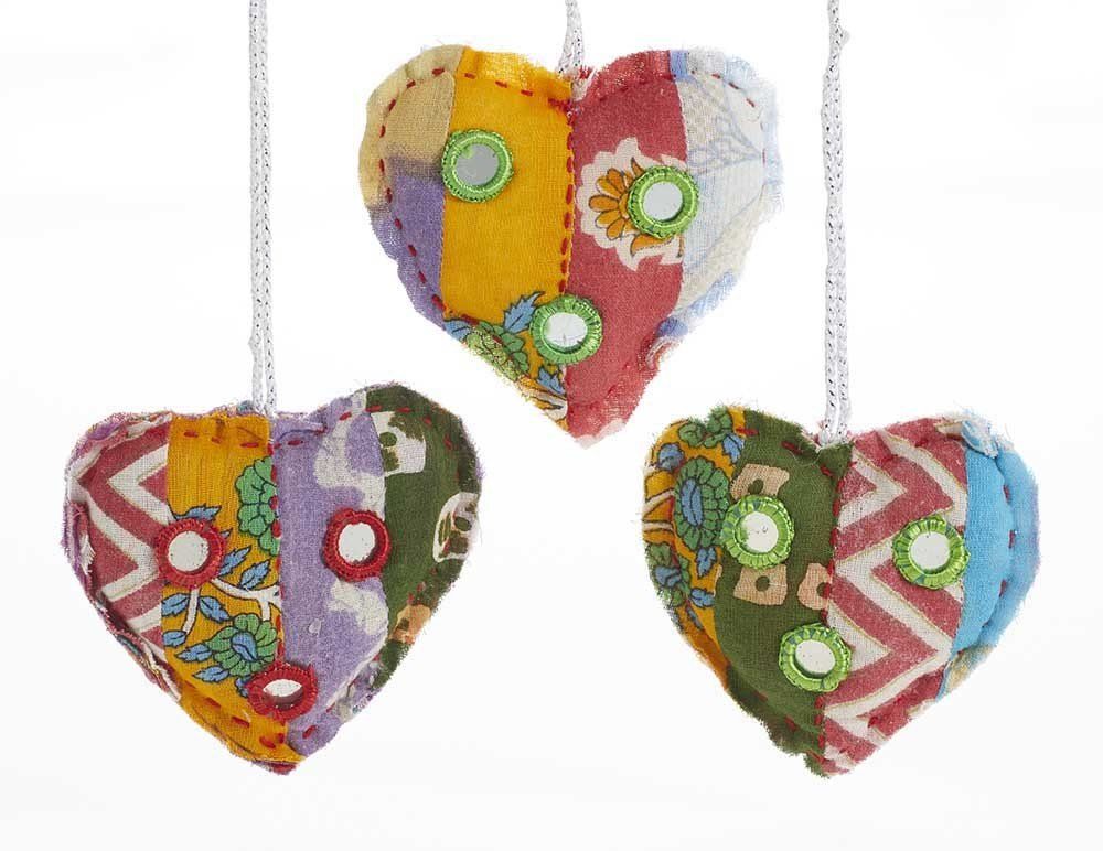 Fair Trade Recycled Sari Heart Ornament Set