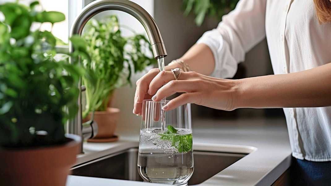 Een vrouw vult een glas water met muntblaadjes bij de gootsteen in een lichte keuken.