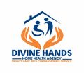 Logo for "Divine Hands" home health agency: hands cupping figures under a house, blue, orange.