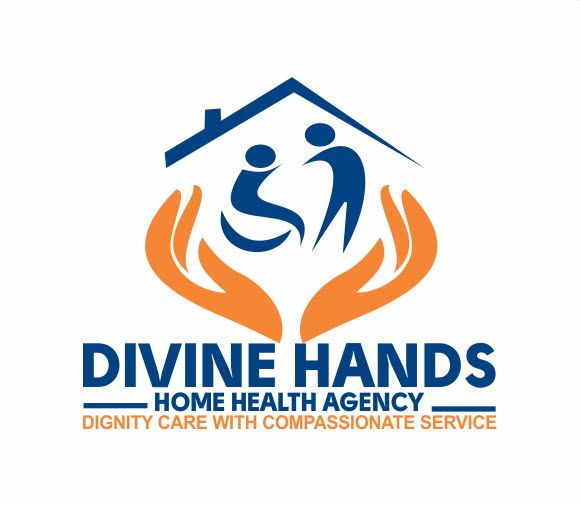 Logo for "Divine Hands" home health agency: hands cupping figures under a house, blue, orange.