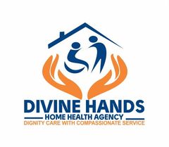 Logo for "Divine Hands" home health agency: hands cupping figures under a house, blue, orange.