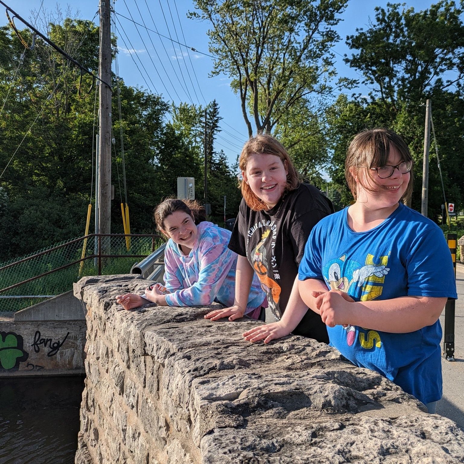 Three girls people on a stone bridge, green trees behind. One in blue, two with arms on the wall.