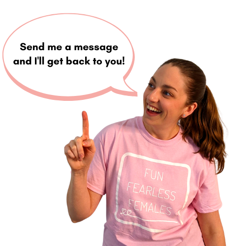 Woman in pink shirt with text bubble, pointing up, smiling. Message: 