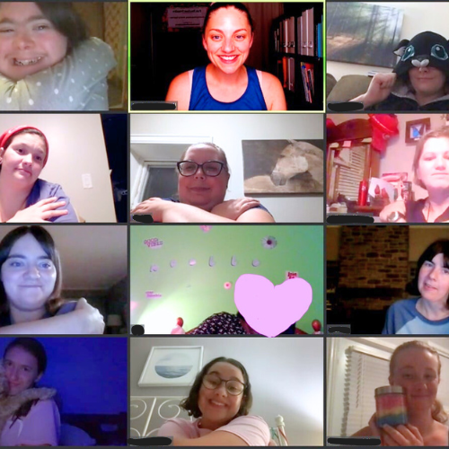 Group video call with 12 people. Smiling faces fill individual screens; diverse backgrounds.