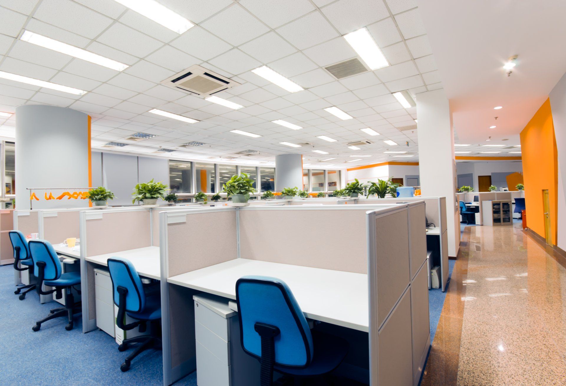 A large office with cubicles and blue chairs