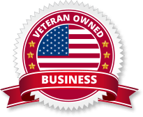 A veteran owned business seal with an american flag and a red ribbon.