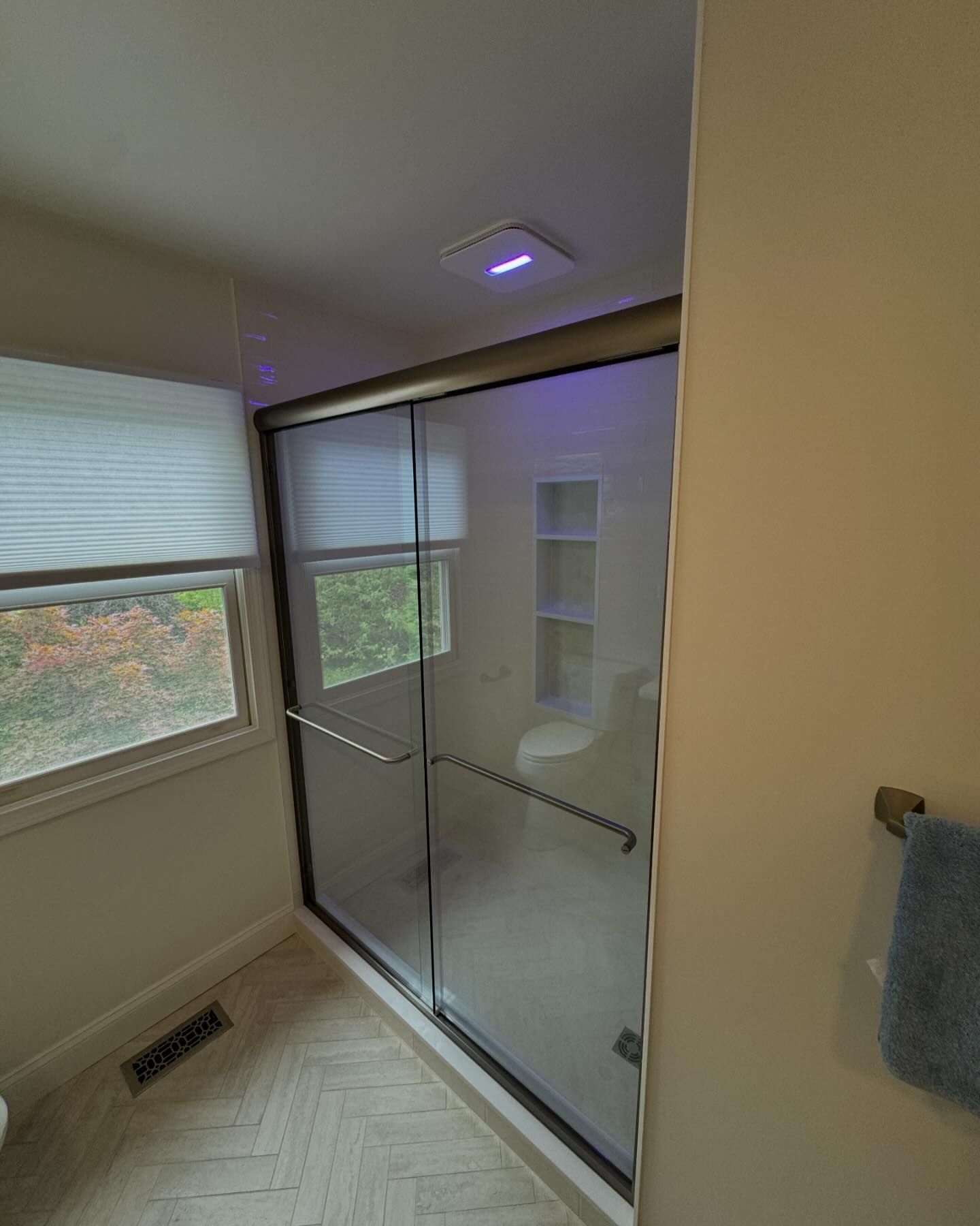 A bathroom with a glass shower door and a toilet.