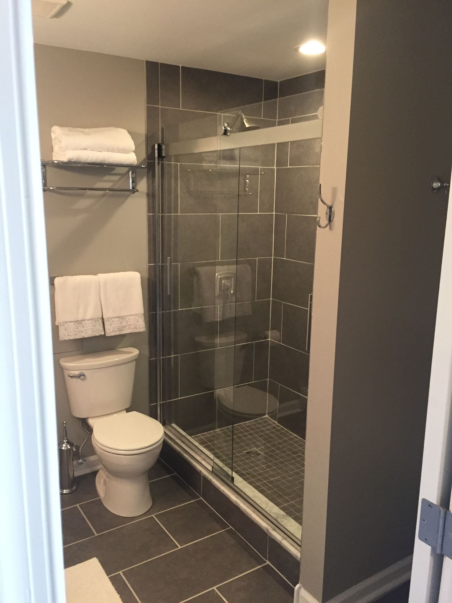 A bathroom with a toilet and a walk in shower