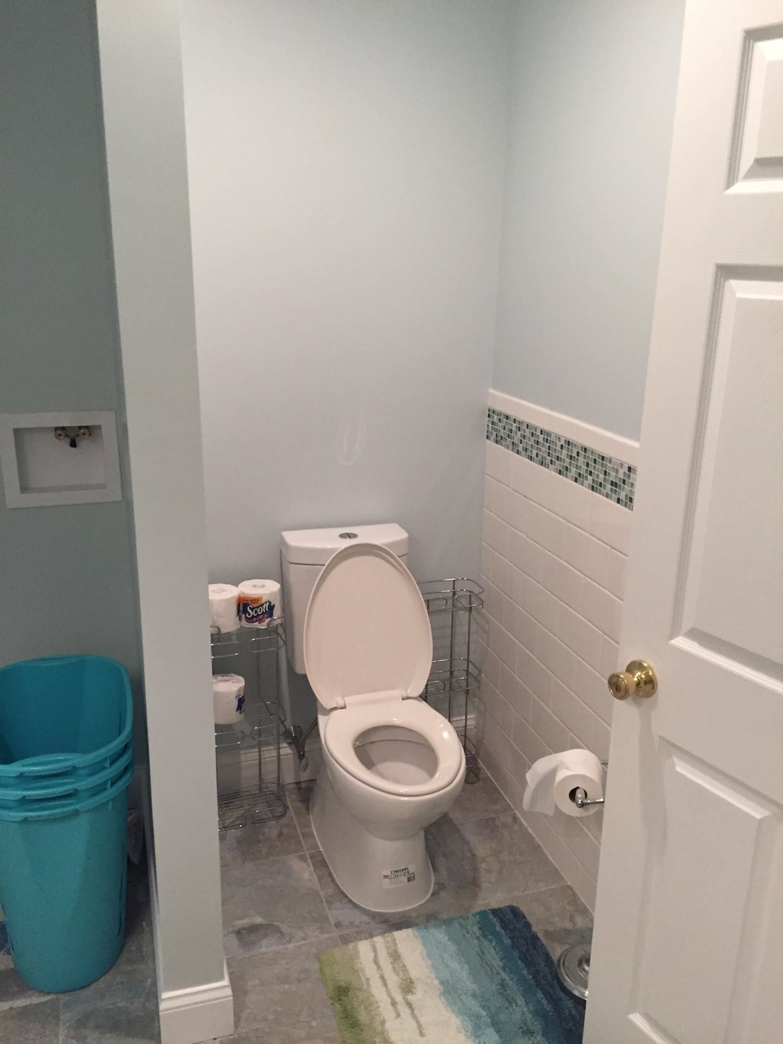 A bathroom with a toilet , trash can , and rug.