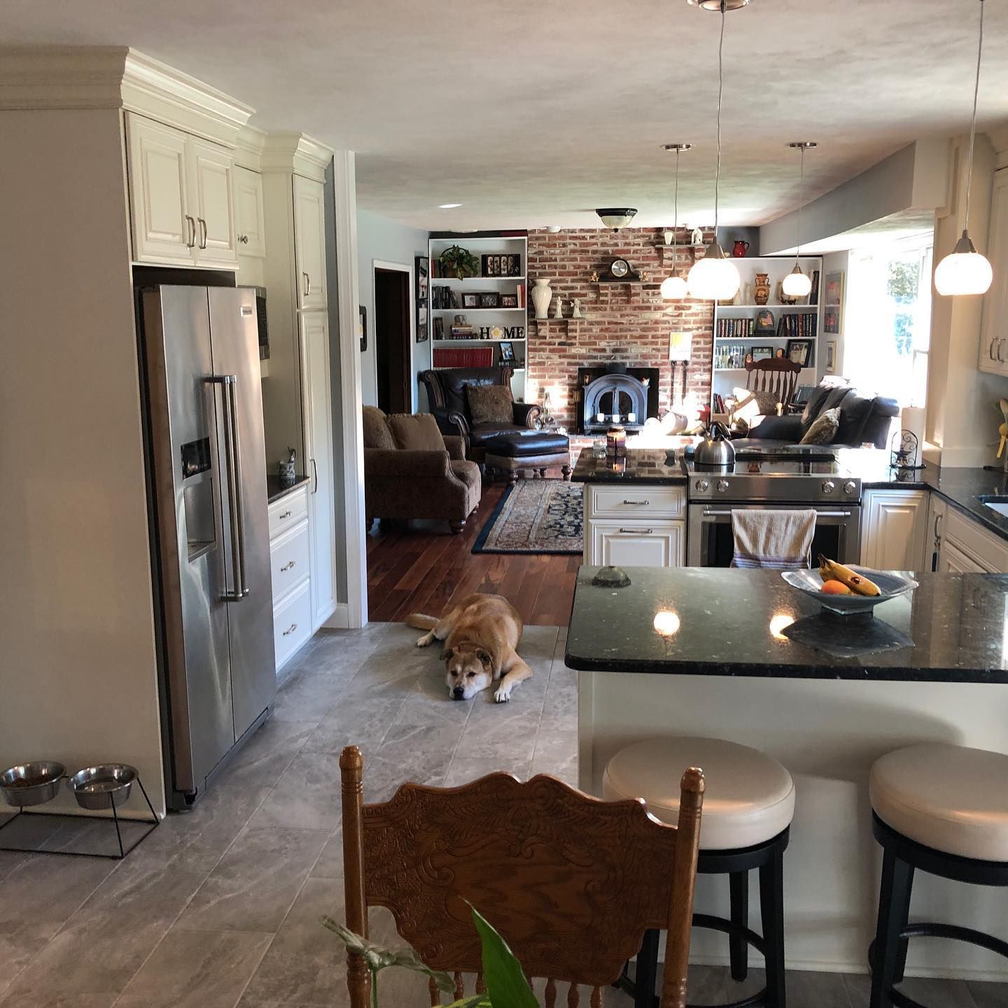 A dog is laying on the floor in a kitchen