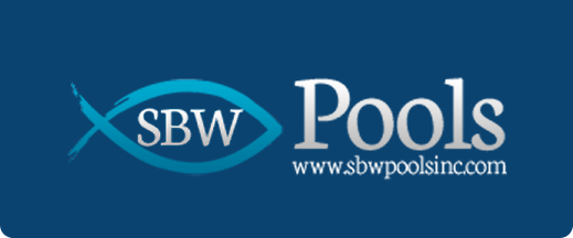 SBW Pools logo with a stylized fish symbol and website address.