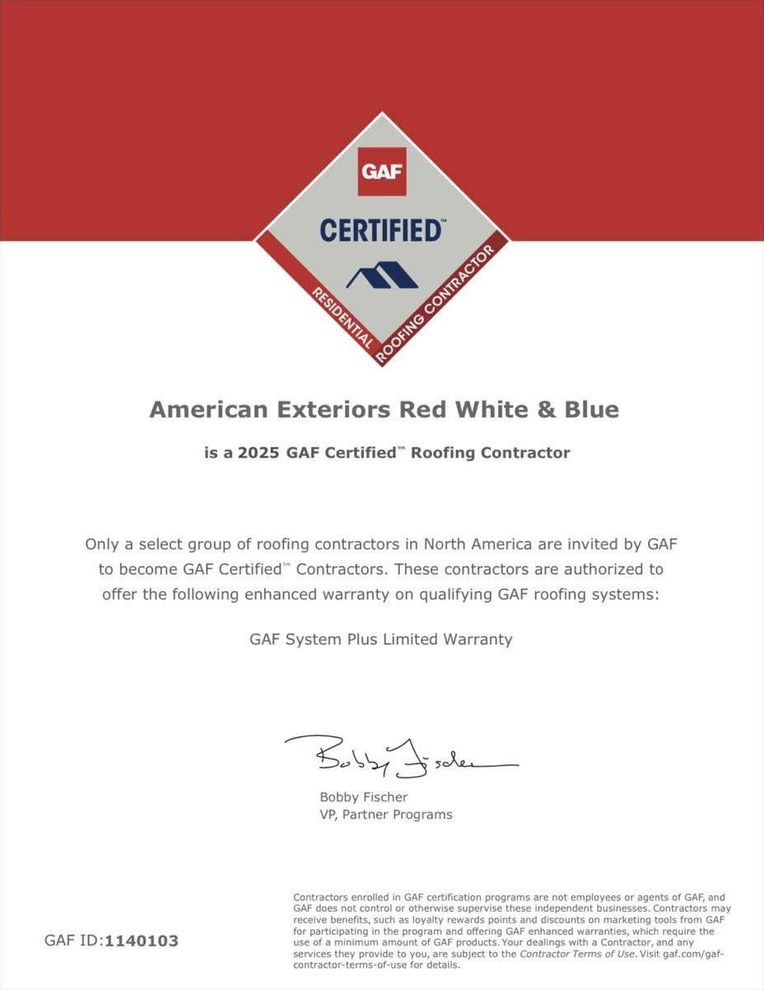 A certificate for american exteriors red white and blue
