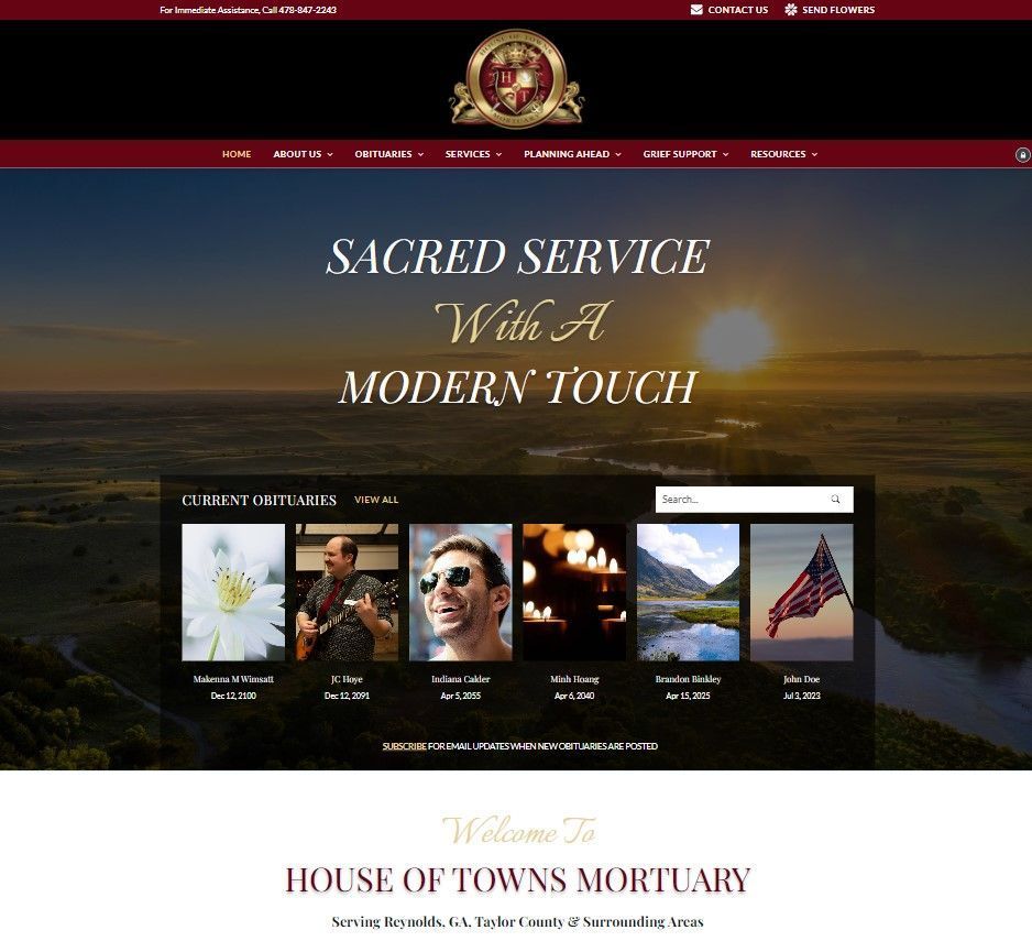 House of Towns Mortuary website, sunset background, header, current obituaries, welcome message.