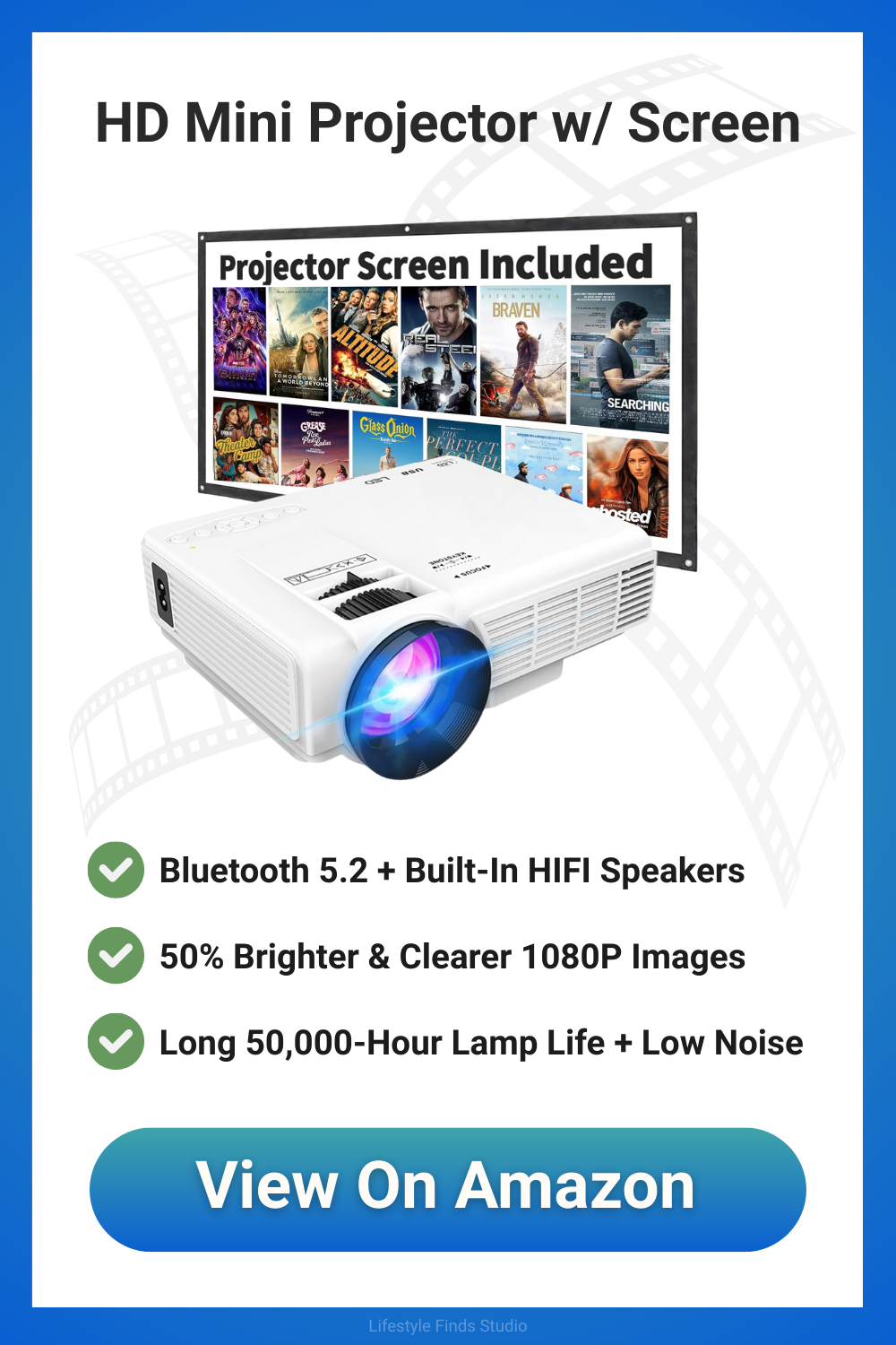 White HD mini projector with screen, Bluetooth, and built-in speakers, advertising 1080P images, and a long lamp life.