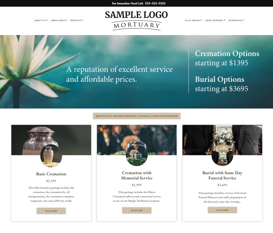 Website homepage for a mortuary with cremation and burial service options starting at specific prices.