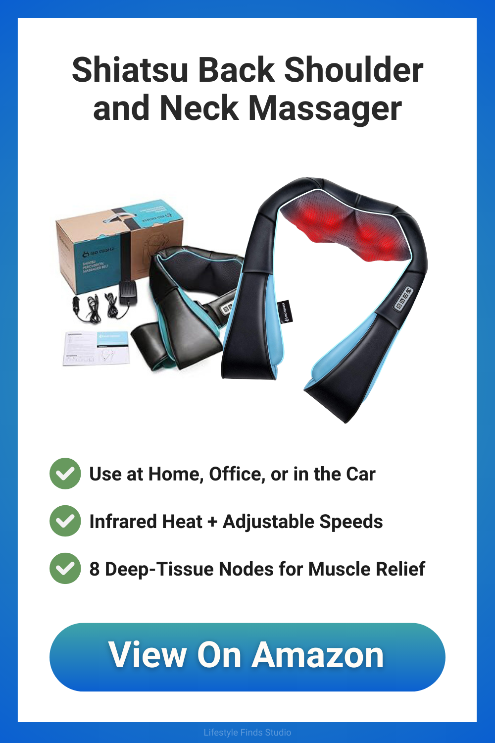 Shiatsu neck and shoulder massager with infrared heat, for home, office, or car. Features 8 deep tissue nodes.