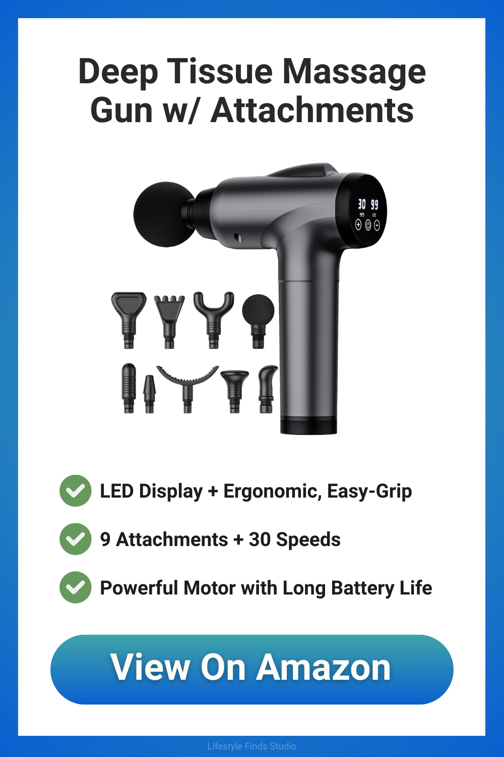 A gray massage gun with attachments, LED display, and ergonomic grip. Features: 9 attachments, 30 speeds, long battery life.