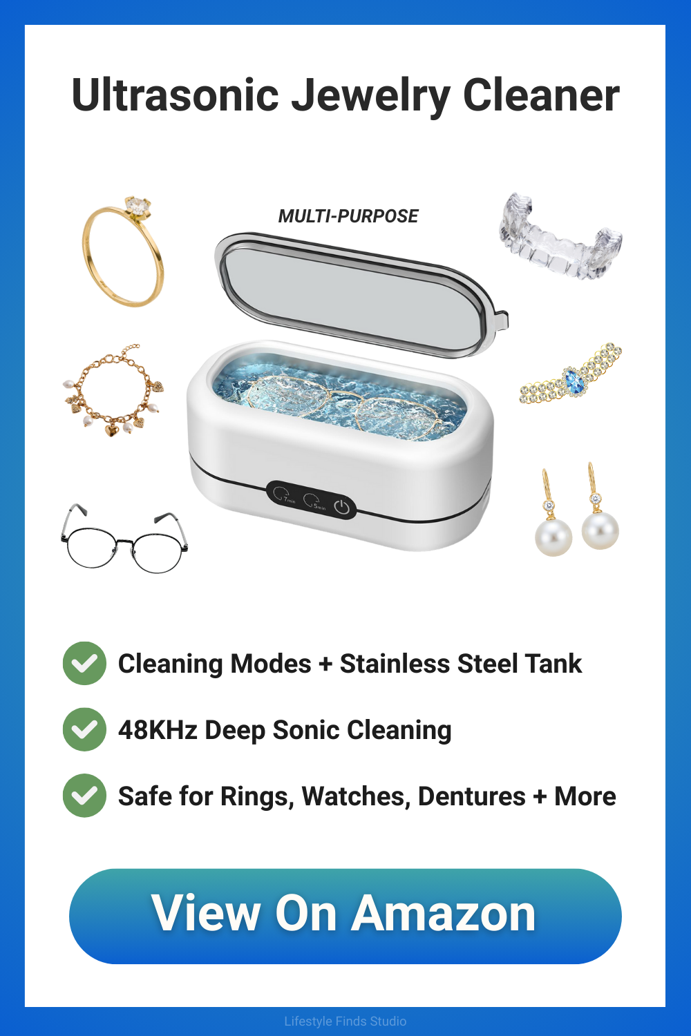 Ultrasonic jewelry cleaner with jewelry inside. Features: cleaning modes, stainless steel tank, deep cleaning.