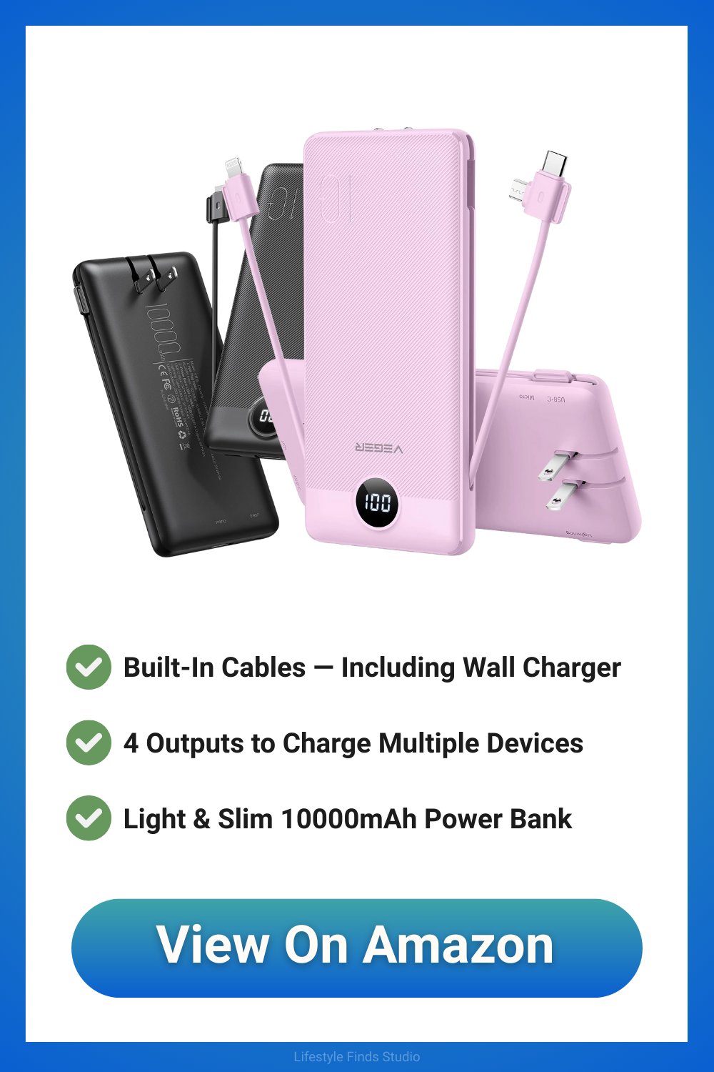 Pink and black power banks with built-in cables. Features include multiple outputs and a wall charger.