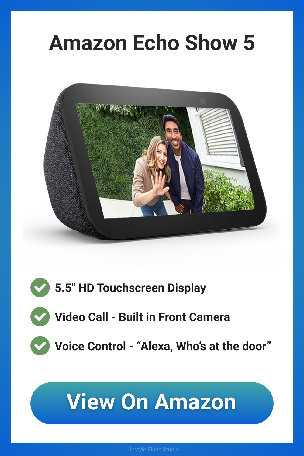 Amazon Echo Show 5 with a couple on screen, and details: touch display, video call, and voice control.